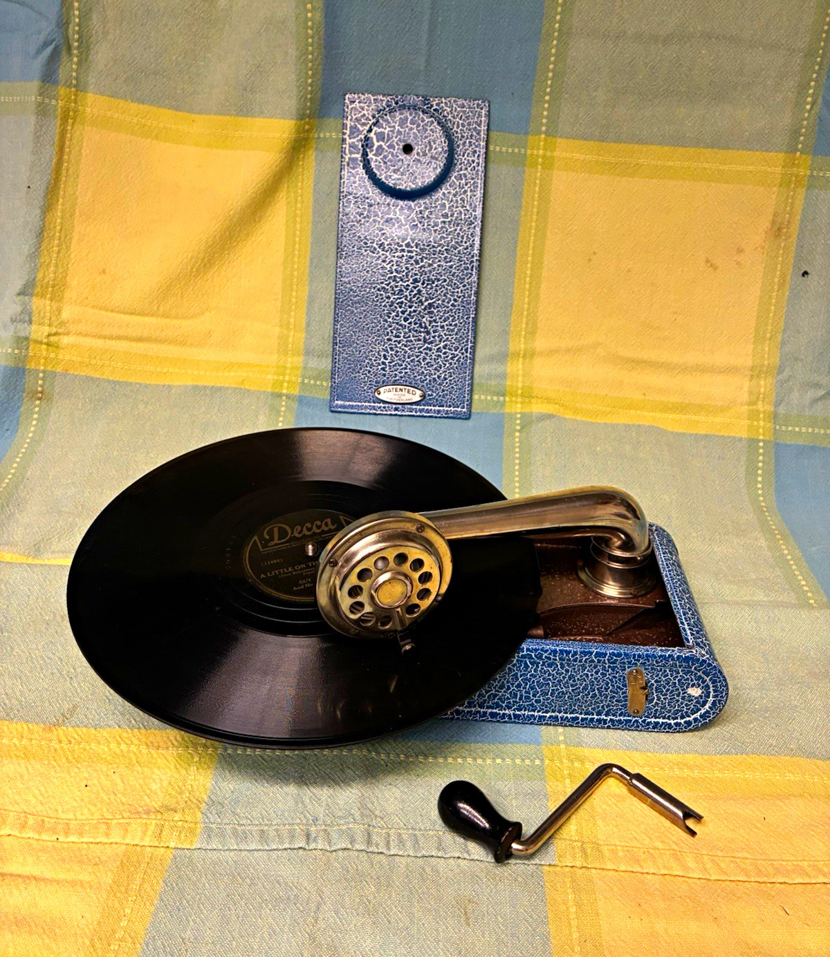 Blue Portable Crank Gramophone Phonograph w/ Turntable, Tonearm & Case Blue Portable Crank Gramophone Phonograph w/ Turntable, Tonearm & Case
