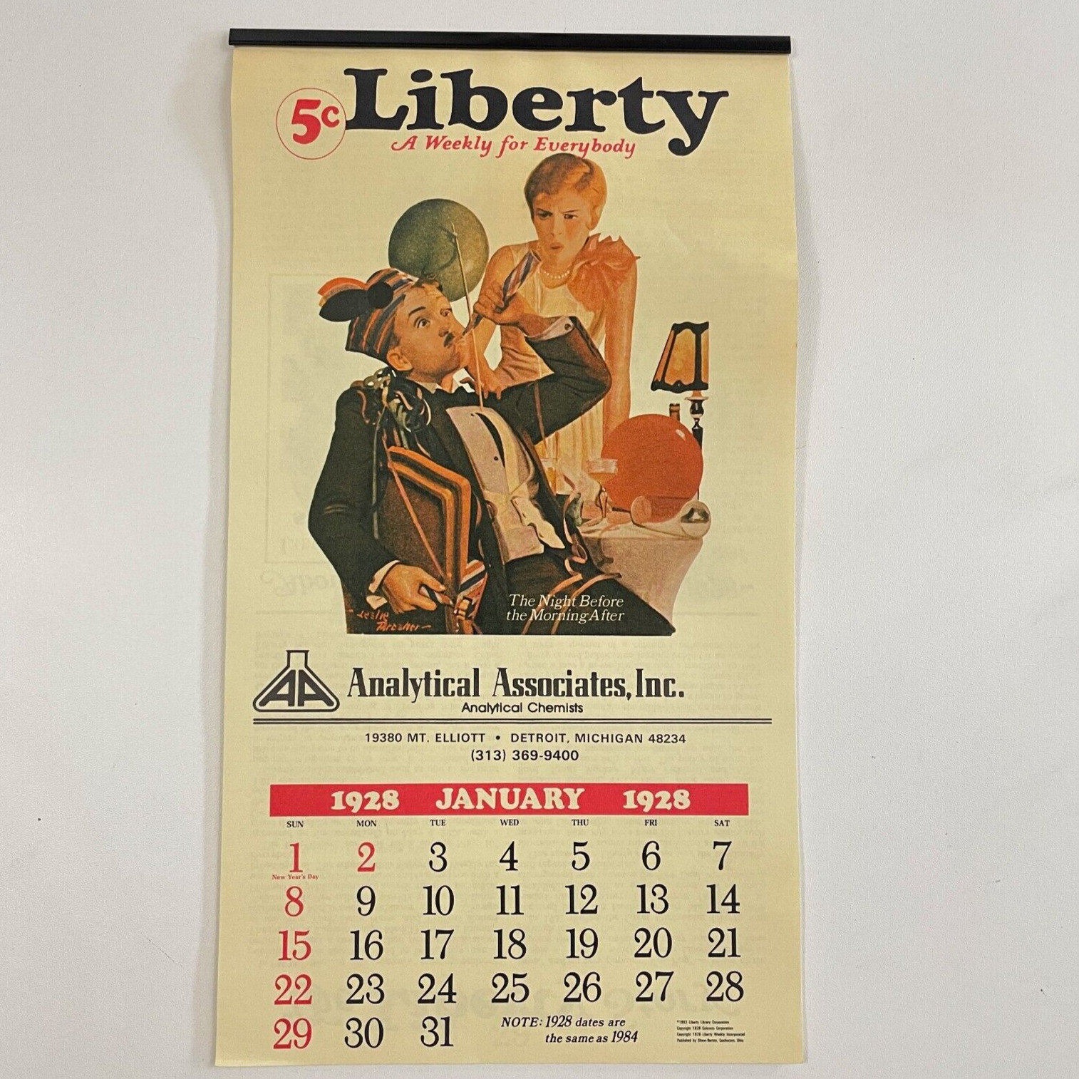 Vintage 1928 Liberty Calendar facsimile ; 1984 Analytical Chemists Detroit MI