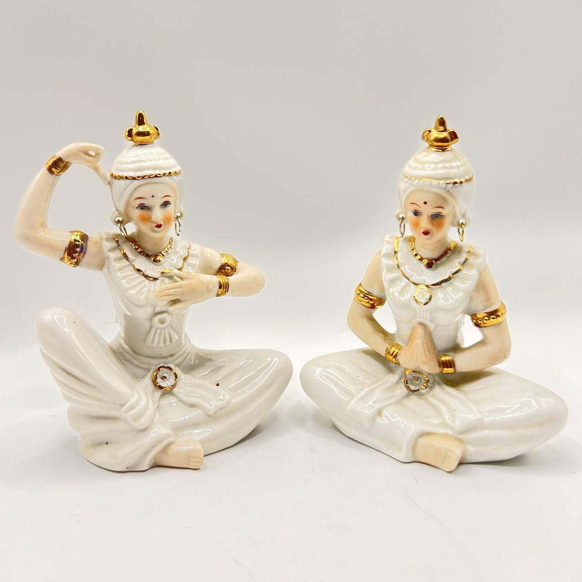 Set of 2 White & Gold Ceramic Seated Thai Dancer Figurines, Glossy Finish