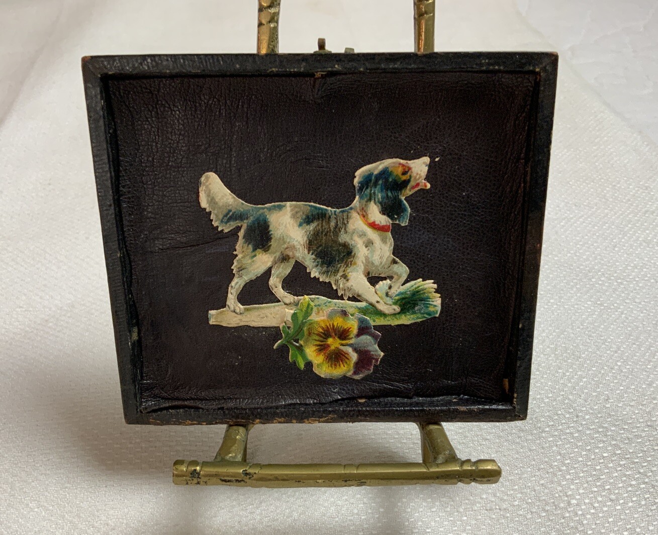 Vintage Antique Victorian Die Cut Ephemera Framed, Half Union Case, Dog, Pansy