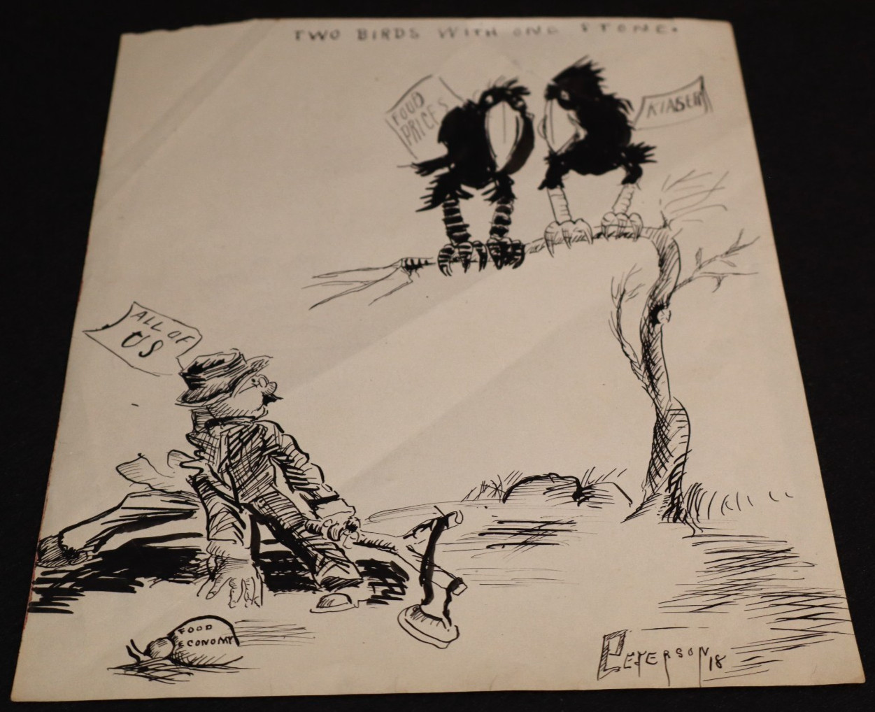 WWI Pen Art Illustration Drawing \'Food Economy Two Birds 1 Stone\' Peterson 1918