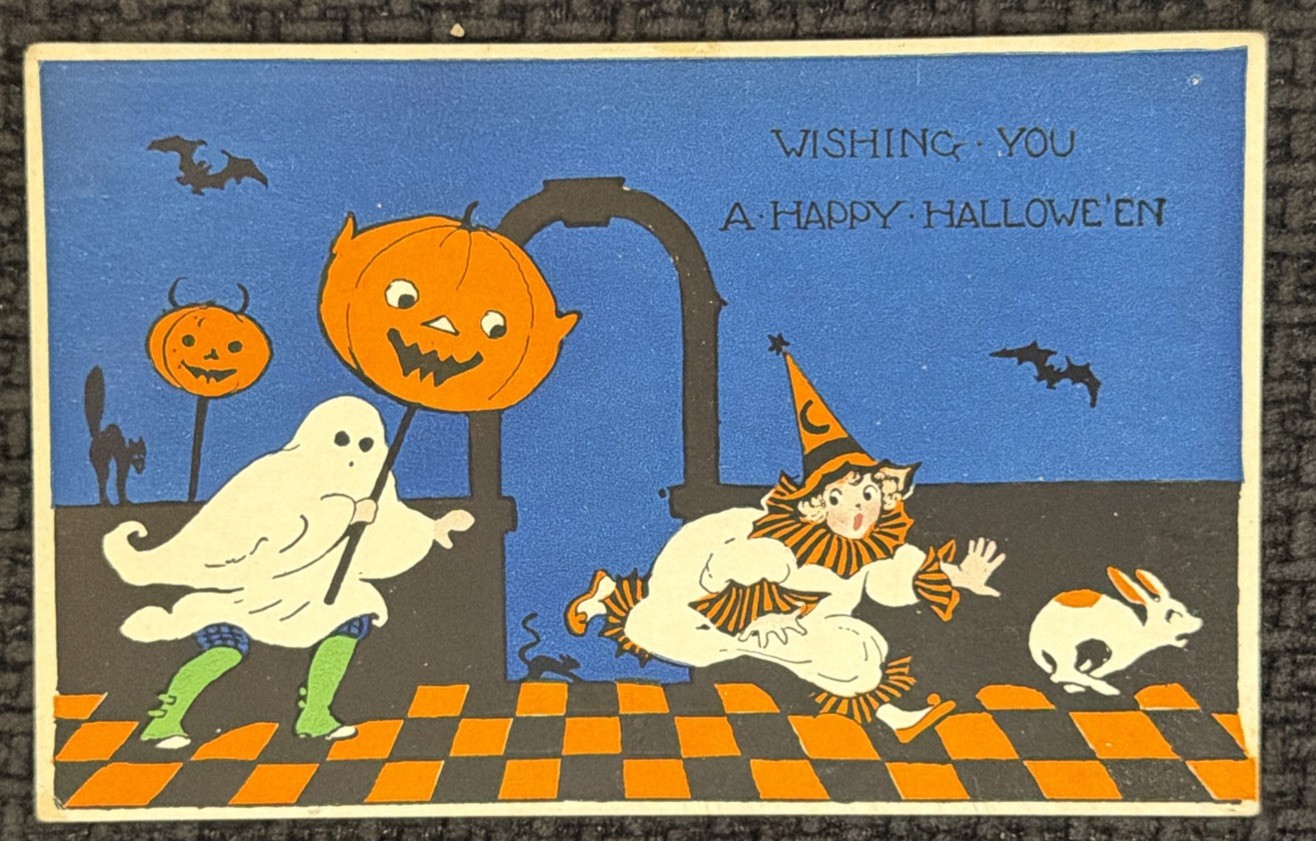 Vintage Halloween Postcard Gibson Running Clown Ghost Bat Cat Dog Antique Vintage Halloween Postcard Gibson Running Clown Ghost Bat Cat Dog Antique