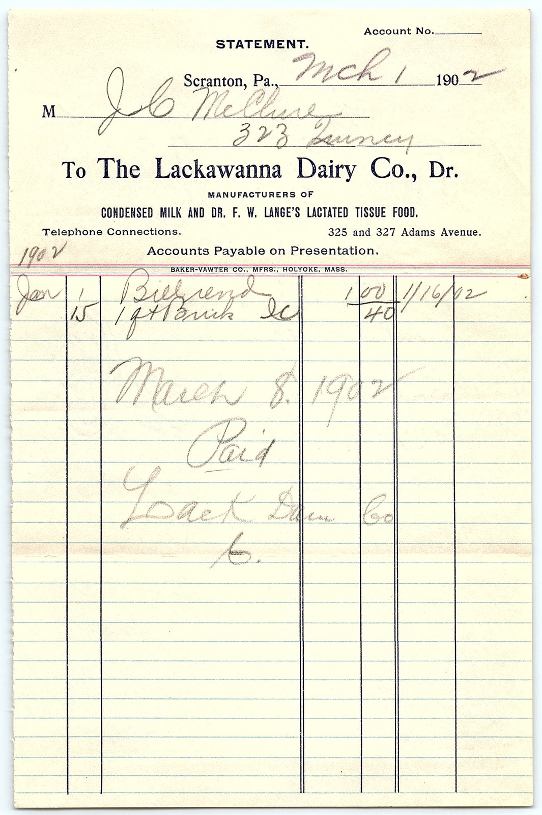 Vintage 1902 Lackawanna Dairy Co. Scranton PA billhead