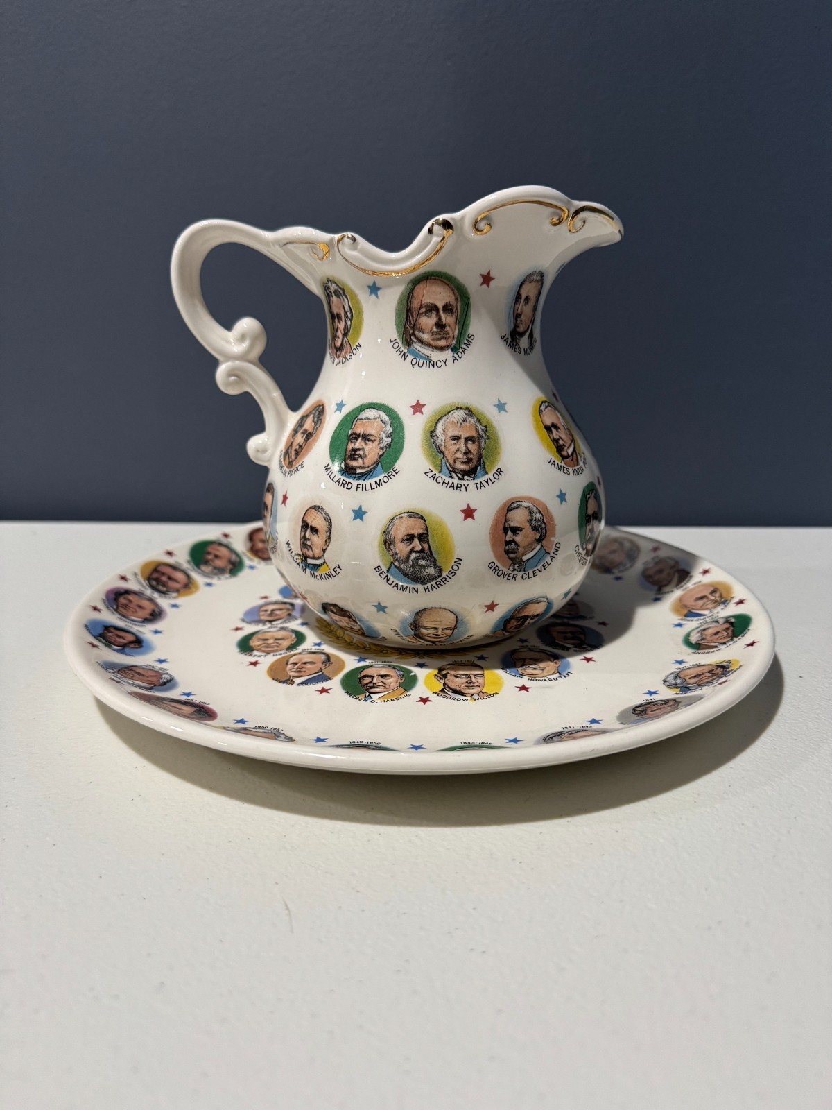 Set of Chadwick Miller U.S. Presidents Ceramic Pitcher and 10