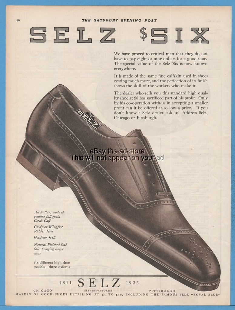 1922 Selz Six Leather Shoes Chicago Pittsburgh 1920s Mens Fashion Footwear Ad