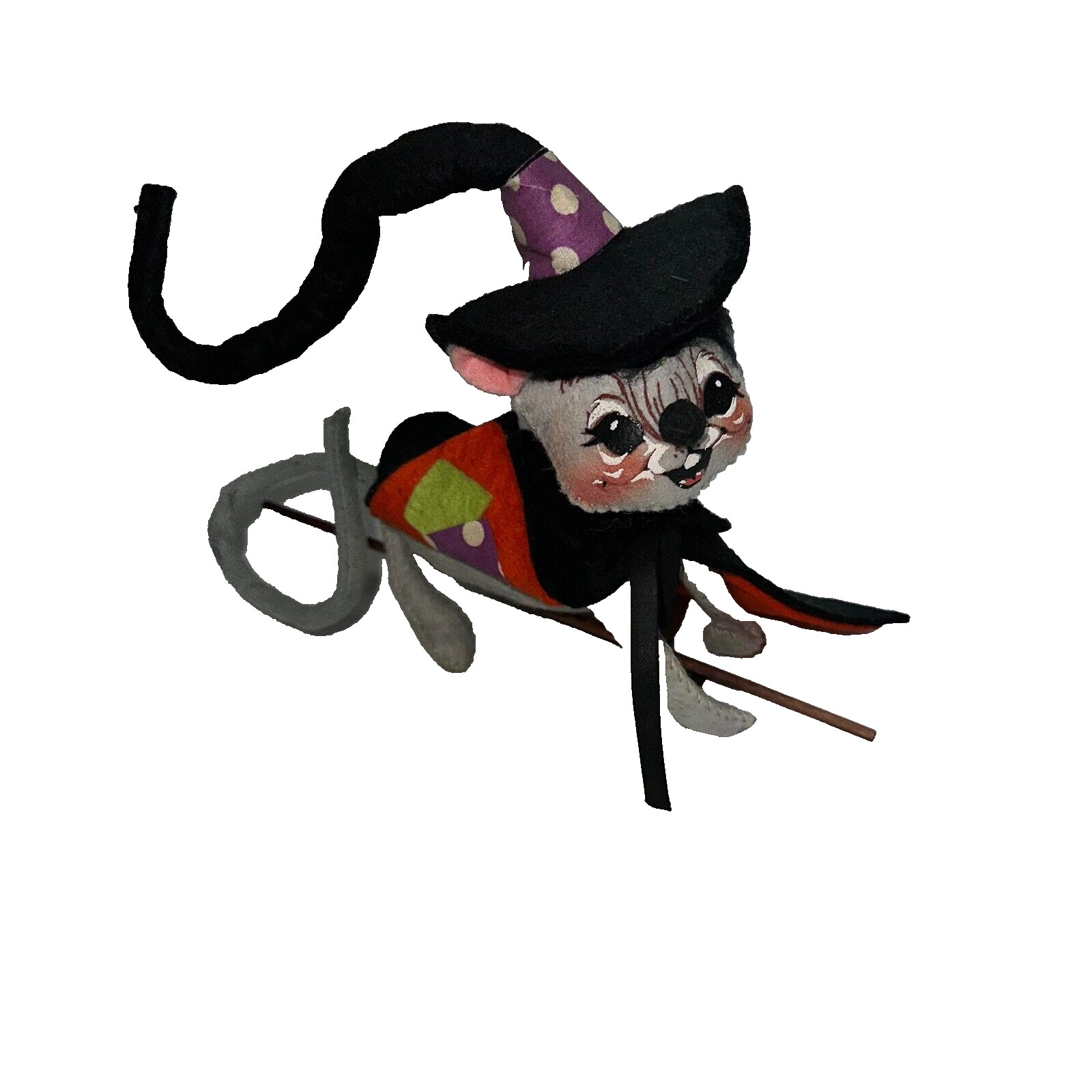 Vintage 1965 Annalee Small Halloween Witch Mouse Flying on Broom Doll-READ DESC