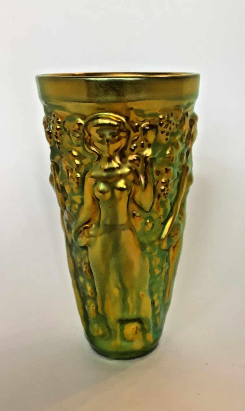 Vintage ZSOLNAY EOSIN Porcelain Goblet Cup Vase, Grape Harvesters, Mint
