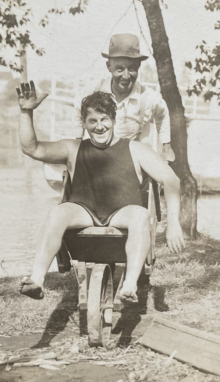 Man in a Wheelbarrow Fun Happy Guys Vintage Photo
