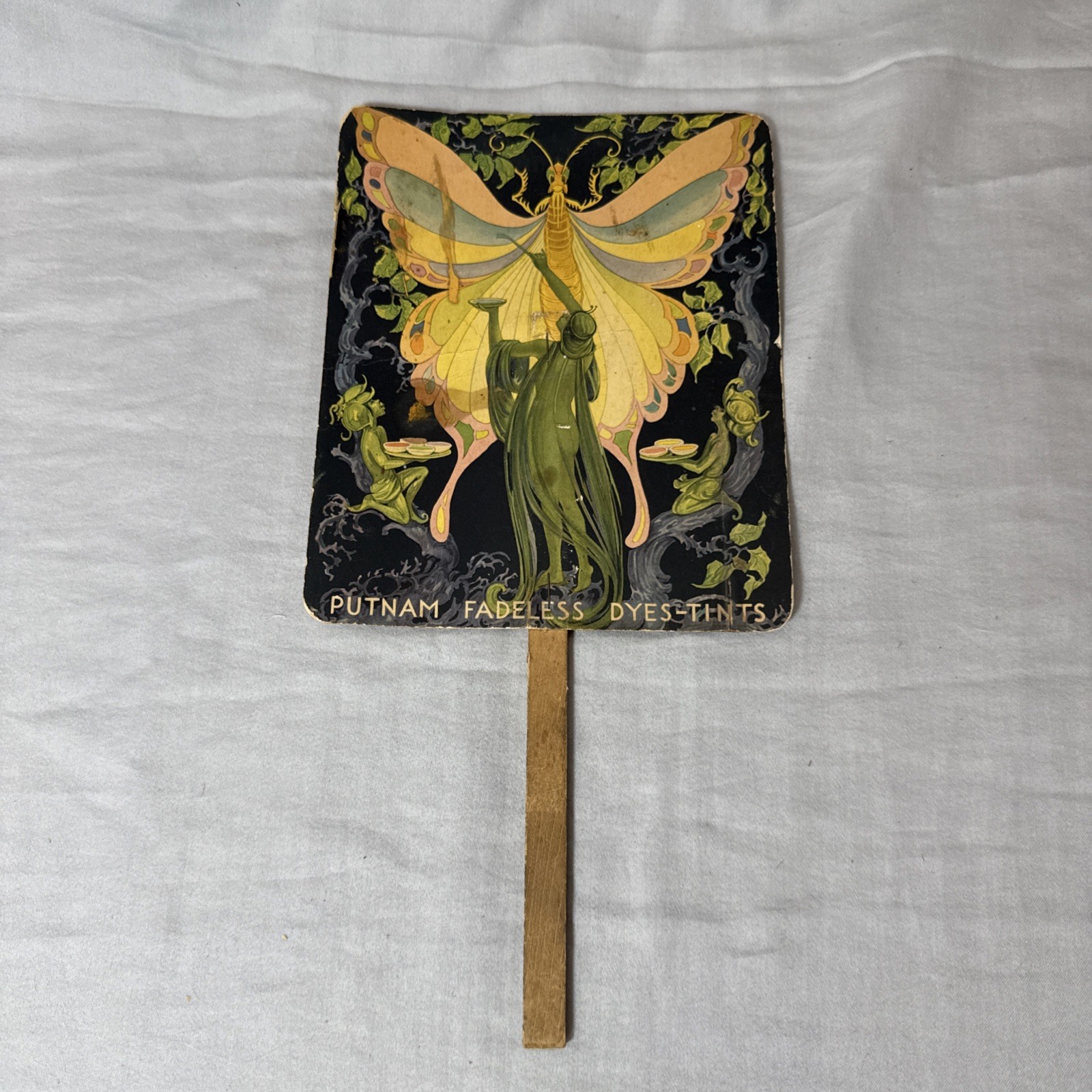 Rare Vintage Putnam Dyes Advertising Fan Art Nouveau Fairies Moth Display Rare Vintage Putnam Dyes Advertising Fan Art Nouveau Fairies Moth Display