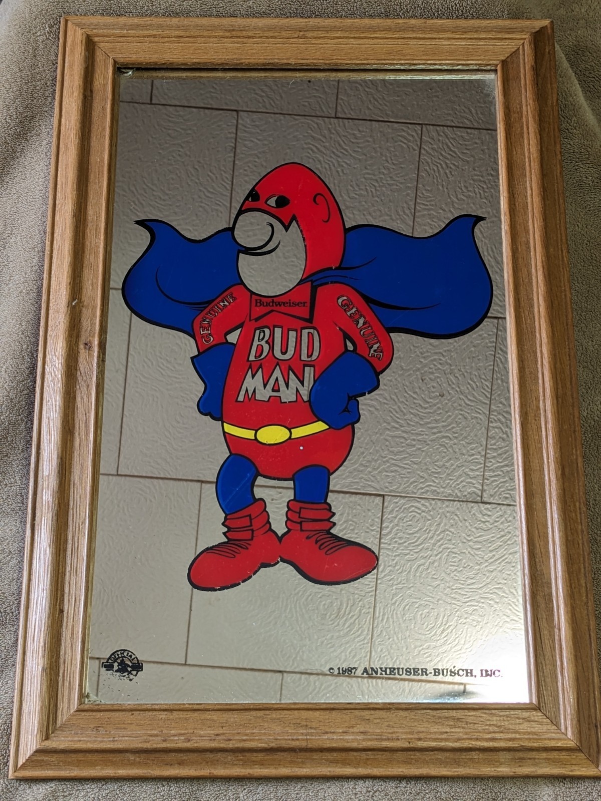 Vintage 1987 Budweiser Cartoon Bud Man Mirror Oak Frame Anheuser Busch 19\