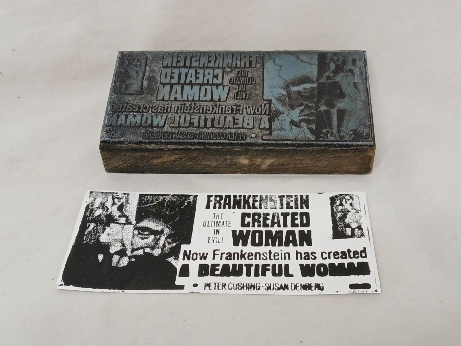 Vintage 1967 FRANKENSTEIN CREATED WOMAN Letterpress Newspaper Promo Stamp Block Vintage 1967 FRANKENSTEIN CREATED WOMAN Letterpress Newspaper Promo Stamp Block