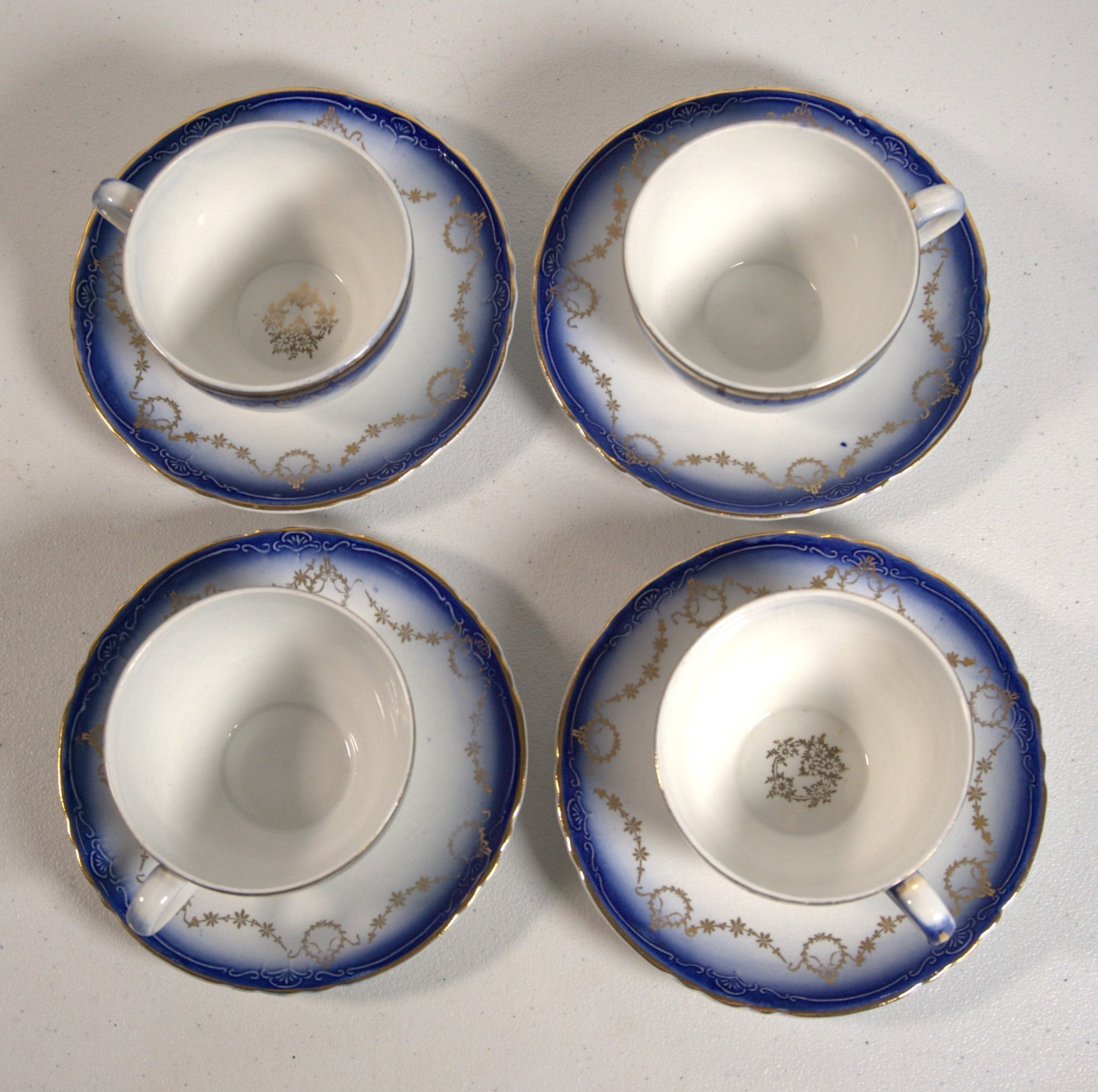 Antique La Francaise Flow Blue Teacup & Saucer Set of 4 Early 1900s Porcelain Antique La Francaise Flow Blue Teacup & Saucer Set of 4 Early 1900s Porcelain