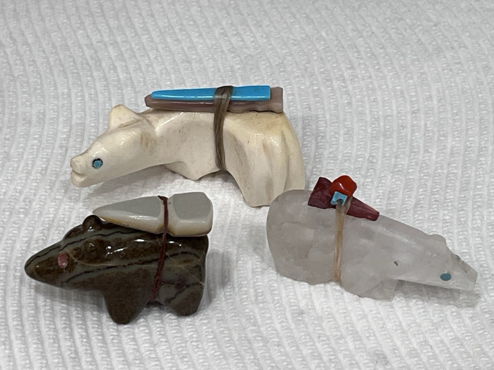 Zuni Bear Fetishes - Lot of 3 Small Vintage Stone, Bone with Offerings Zuni Bear Fetishes - Lot of 3 Small Vintage Stone, Bone with Offerings