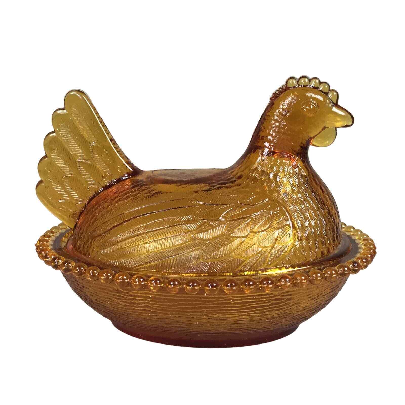 Vintage Indiana Glass Hen on a Nest Amber / Gold Glass Covered Candy Dish 