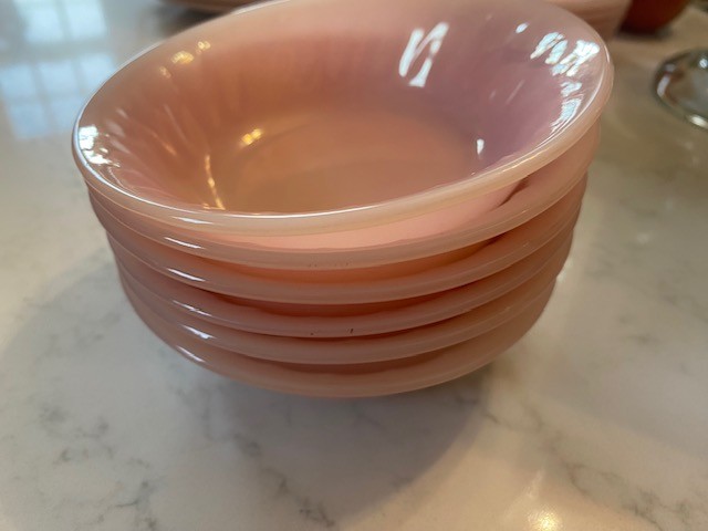 Vtg Fire King Oven Ware 1950s Lot Of 6 Dessert Berry Bowls Pink Swirl USA Made Vtg Fire King Oven Ware 1950s Lot Of 6 Dessert Berry Bowls Pink Swirl USA Made