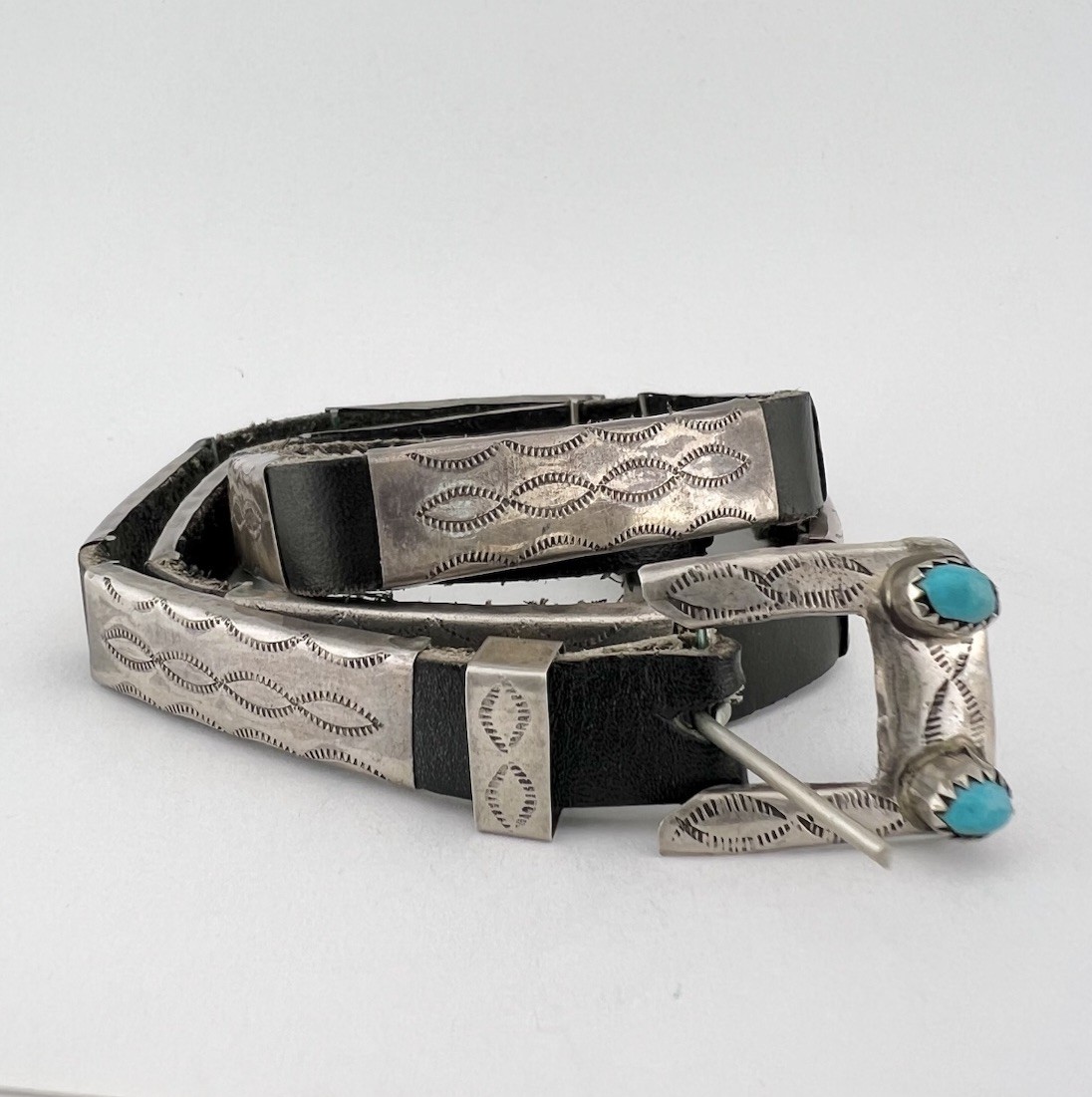 Vtg Navajo Sterling Silver 12 Rectangle Concho Leather Ranger Buckle Hat Band