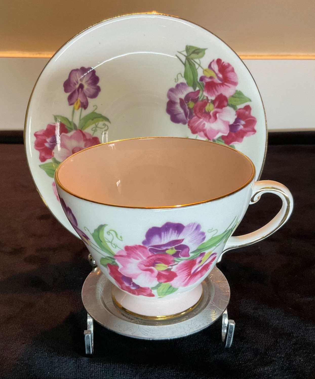 Vintage Royal Grafton Bone China Teacup and Saucer, Display Stand. Floral.