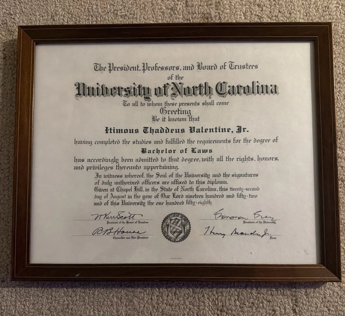 1952 University Of North Carolina Law Diploma, Rep. Tim Valentine (D-NC)
