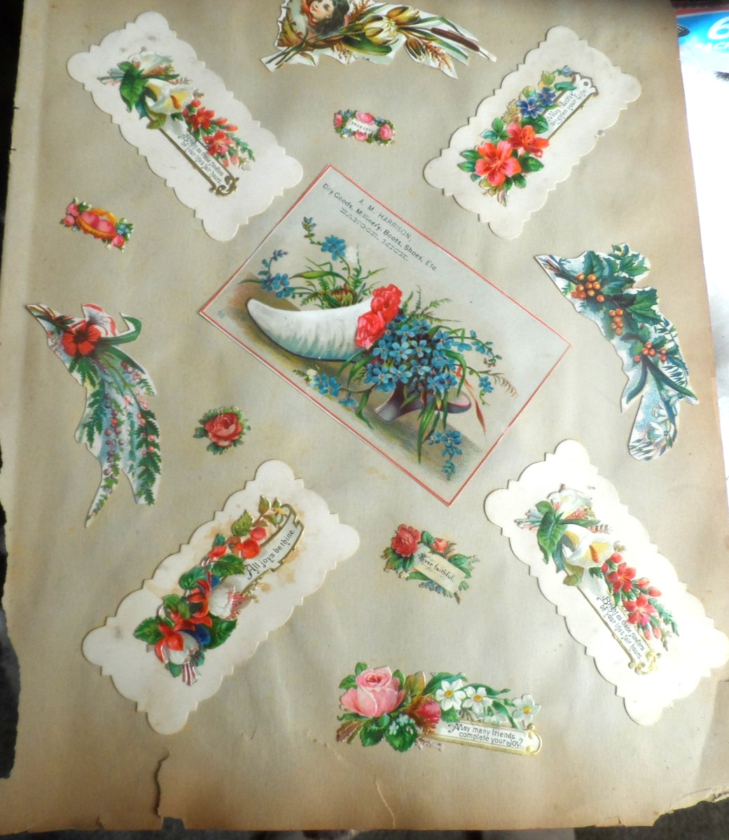 1876 Antique Scrapbook Page-SCRAPS ON BOTH SIDES - FLOWERS, CALLING CARDS & MORE 1876 Antique Scrapbook Page-SCRAPS ON BOTH SIDES - FLOWERS, CALLING CARDS & MORE