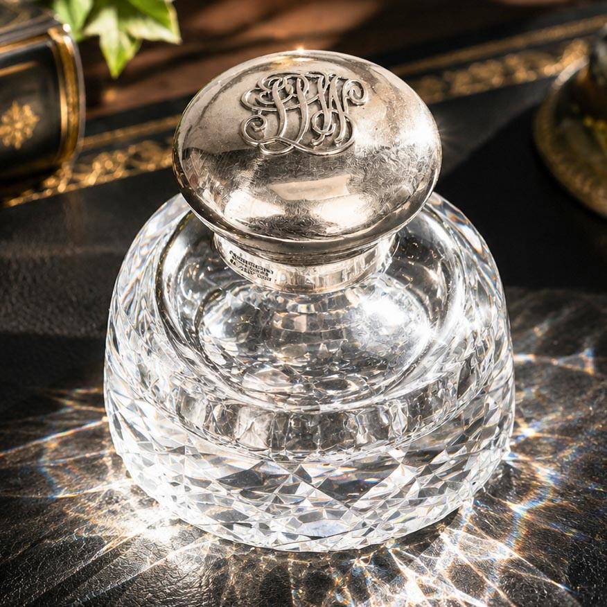 Large Antique English Edwardian Sterling Silver Cut Crystal Hobnail Paperweight Large Antique English Edwardian Sterling Silver Cut Crystal Hobnail Paperweight