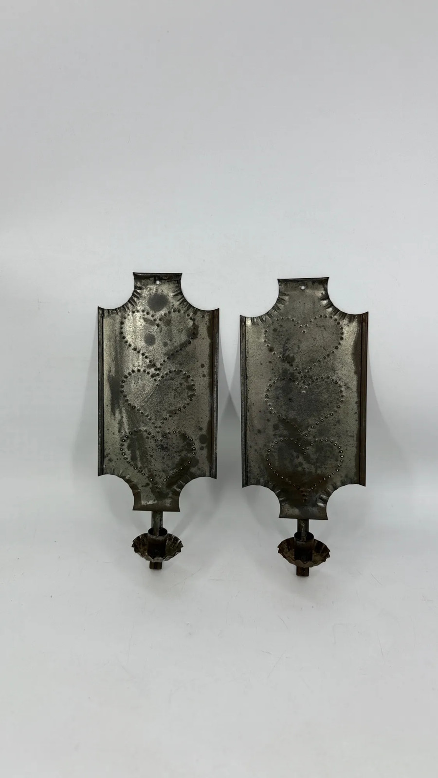 Vintage Punched Tin Wall Sconces Pair Primitive Heart Farmhouse Candle Holders Vintage Punched Tin Wall Sconces Pair Primitive Heart Farmhouse Candle Holders