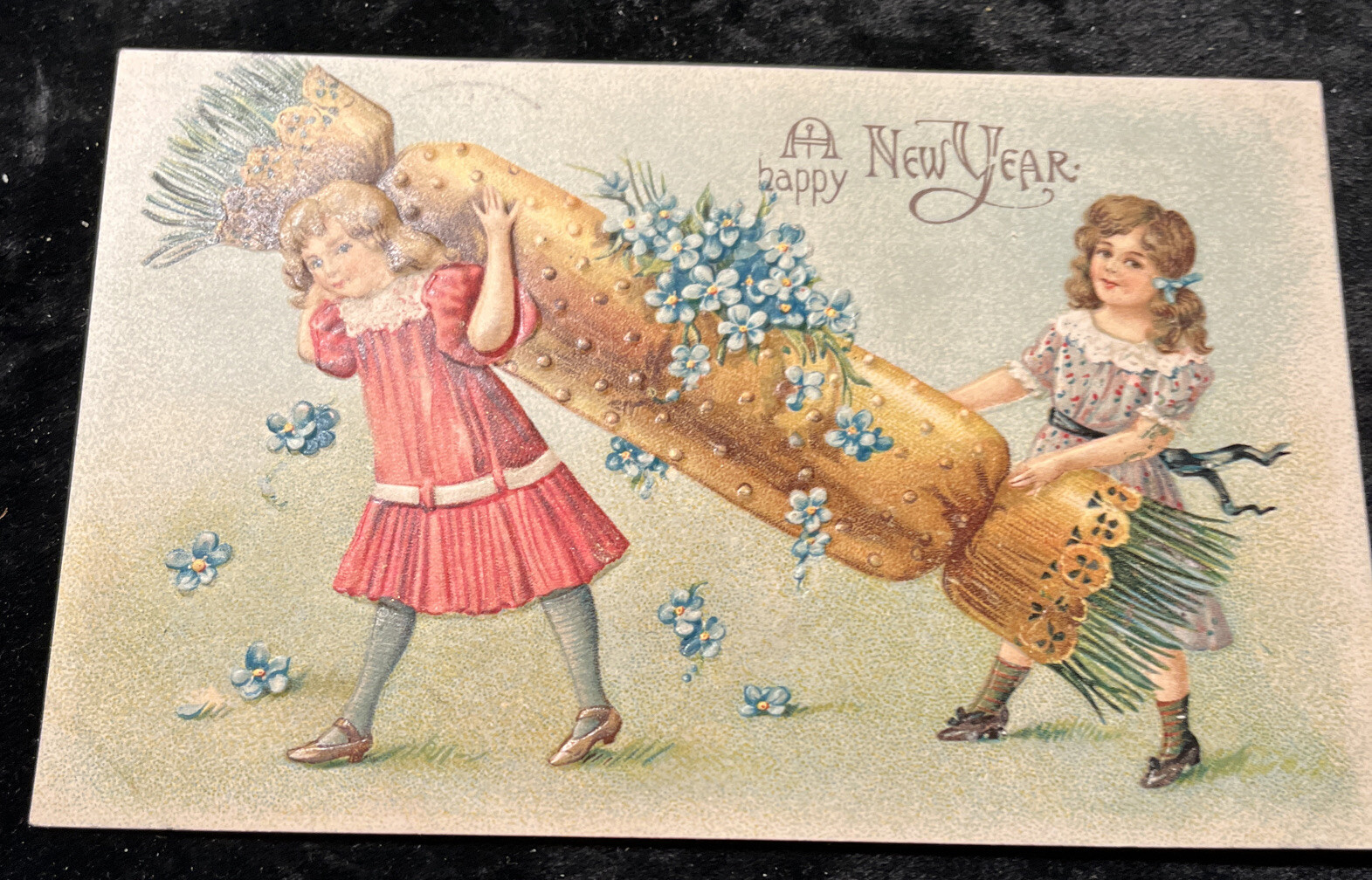 Embossed c1908 Two Little Girls Firecracker Greeting Card A Happy New Year Embossed c1908 Two Little Girls Firecracker Greeting Card A Happy New Year