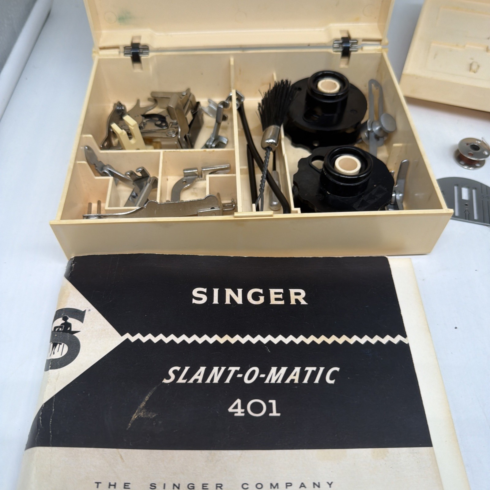 Vintage Singer 401A Slant-O-Matic Sewing ACCESSORY BOX, Manual & More