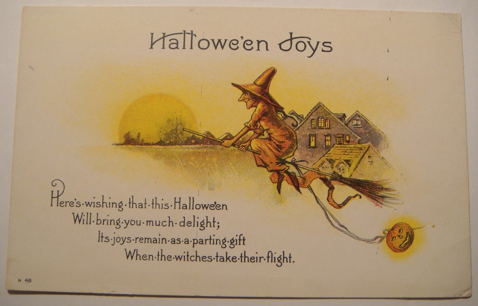 Halloween Joys. Nash H-48. Witch on broomstick  with JOL