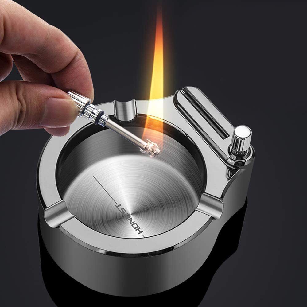 Ashtray Stainless Steel Ashtray with Permanent Match Lighter Modern Tabletop Ash
