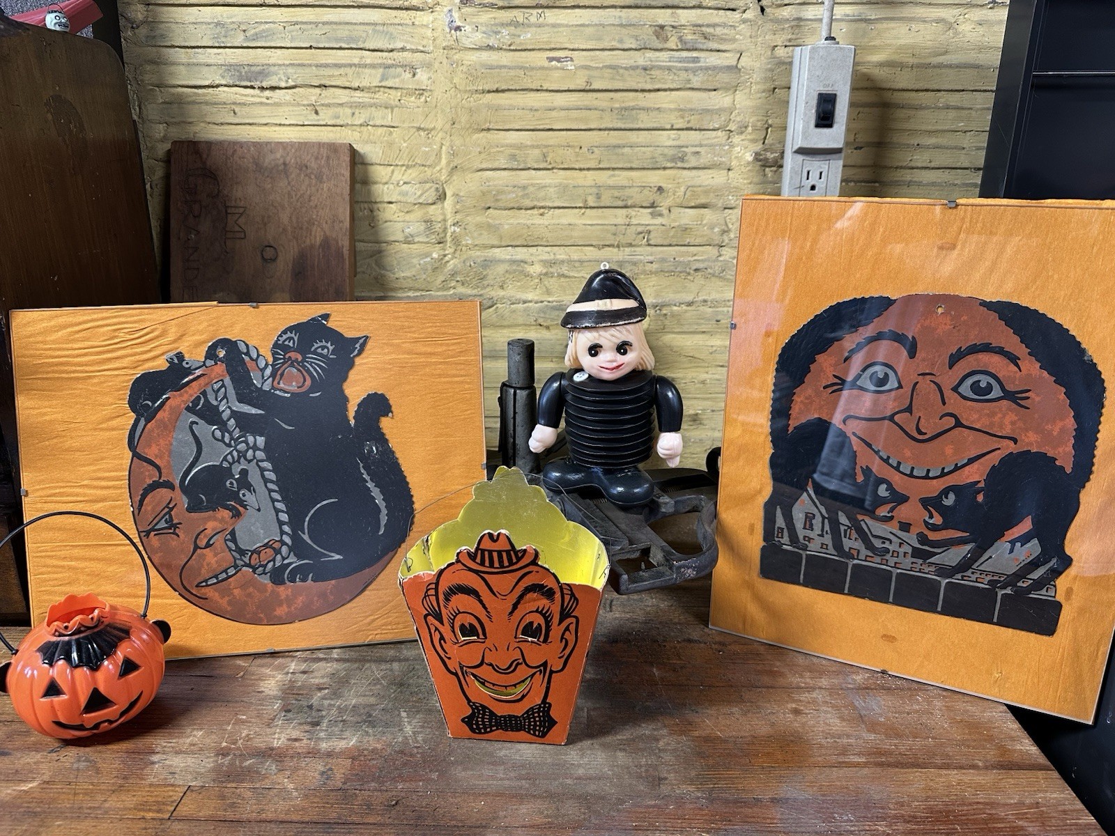 RARE Antique Vintage Halloween Lot Candy Box Container Decoration Hat & Cat