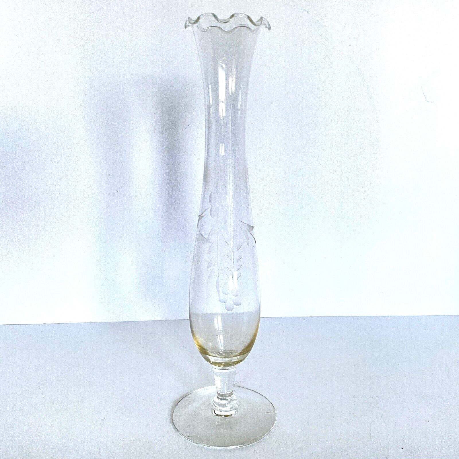 Floral Etched Glass Clear Fluted Bud Vase Pedestal Delicate Ruffle Lip 10\