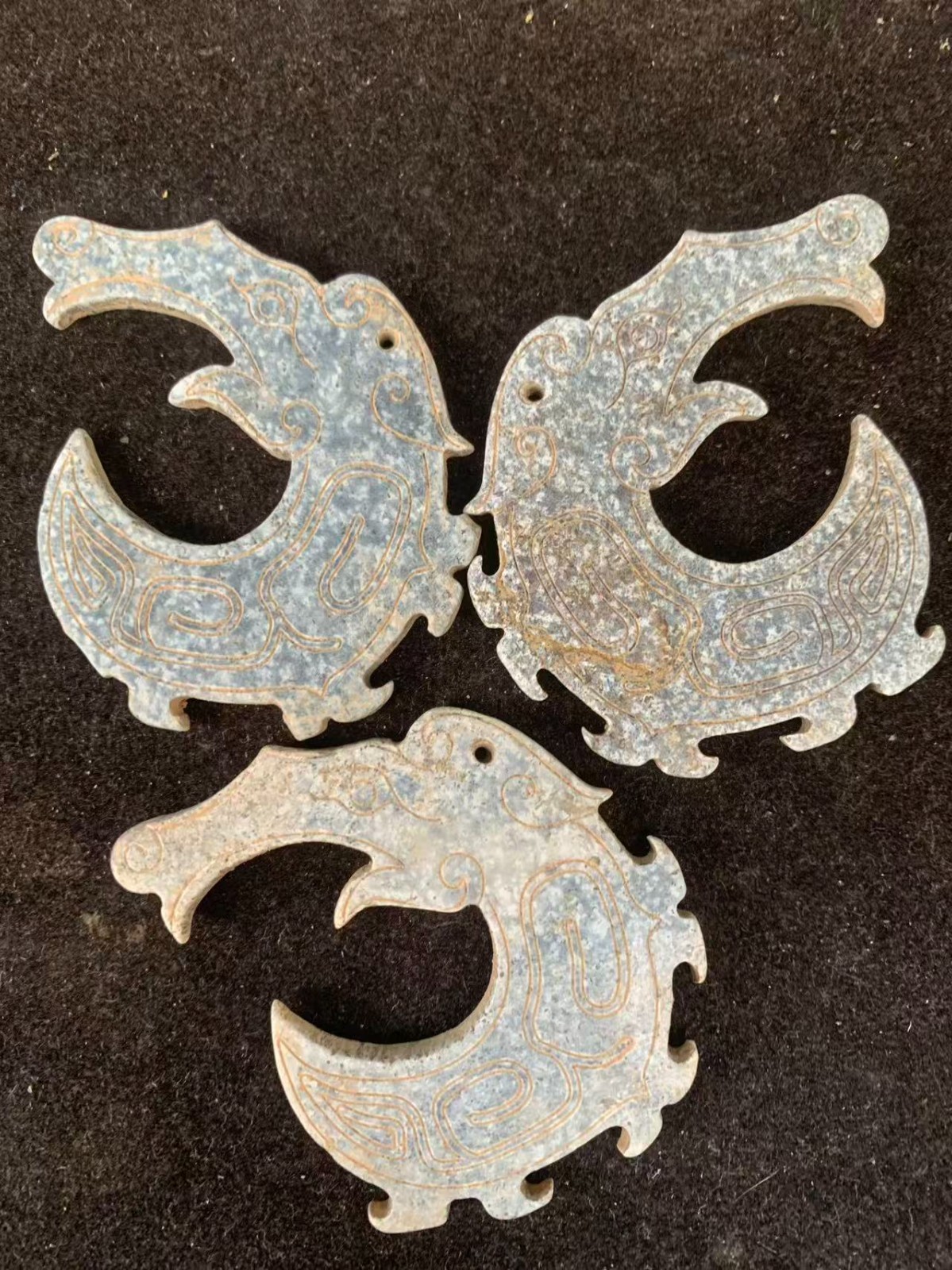 3Pcs Chinese Calcified White Stain HeTia Jade Carved Qin Dragon 2Faces Pendants