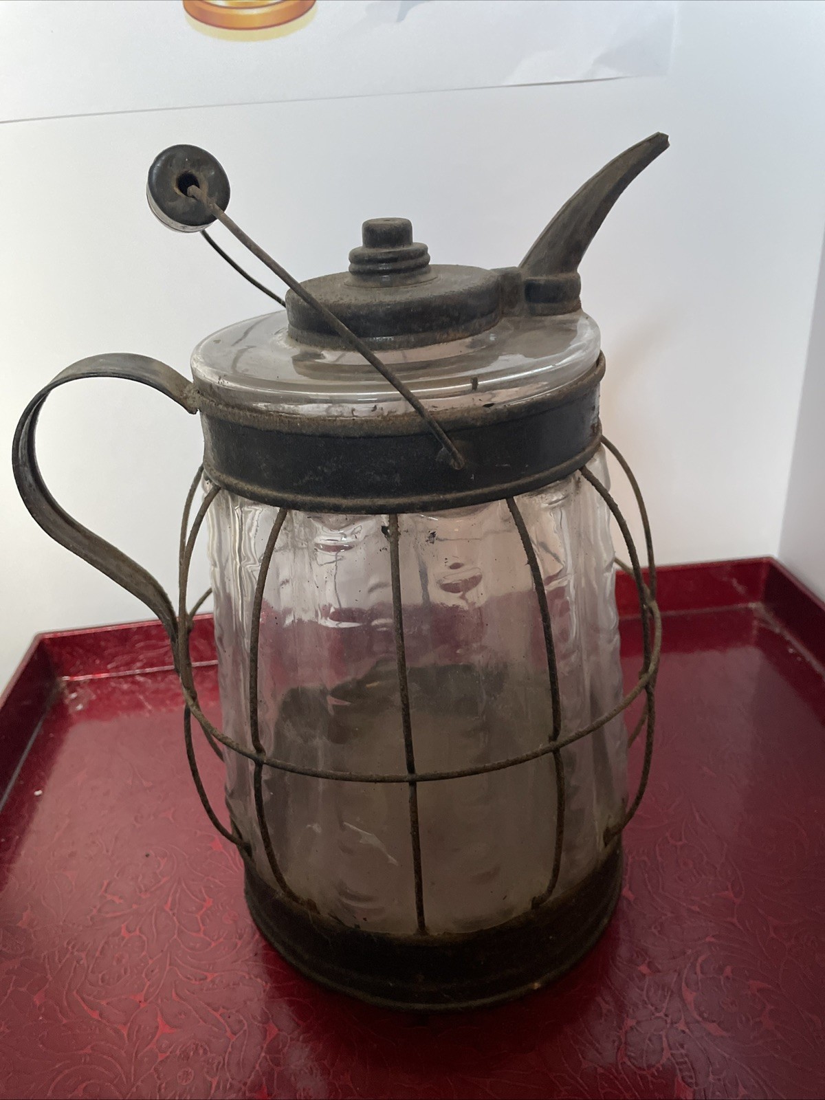1800's OIL LAMP CAGE STYLE RIPPLED CLEAR GLASS KEROSENE JUG