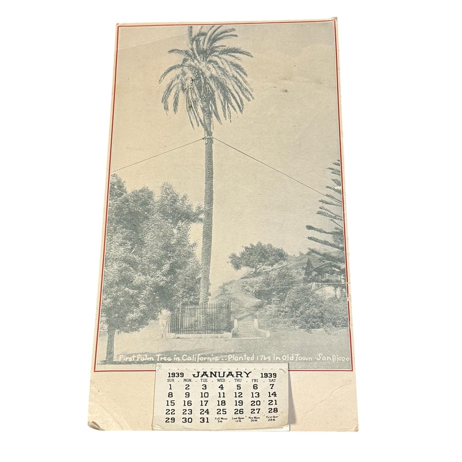 Vintage 1939 Wall Calendar Old Town San Diego First Palm Tree California January