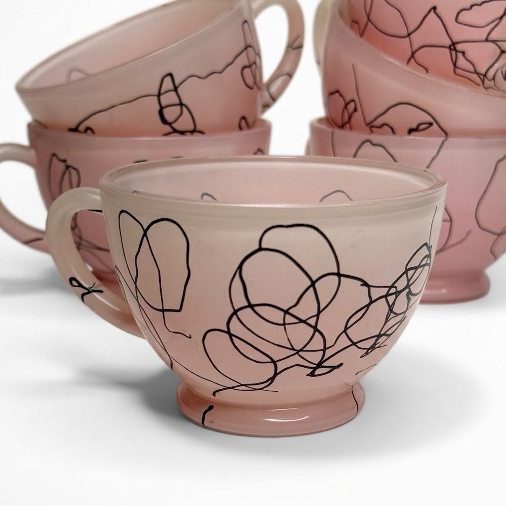 Vintage Hazel Atlas Pink Frosted Cup Set 6 MCM Atomic Art Glass 50s Spaghetti