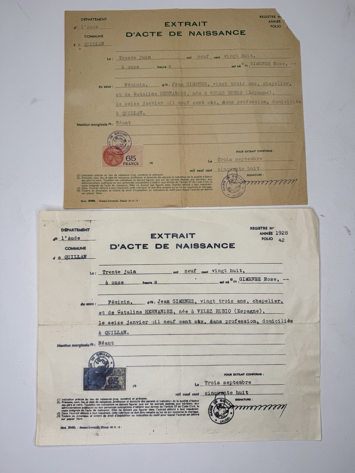 Vintage 1958 French Birth Certificate Extract & Copy w/ Revenue Stamp Vintage 1958 French Birth Certificate Extract & Copy w/ Revenue Stamp