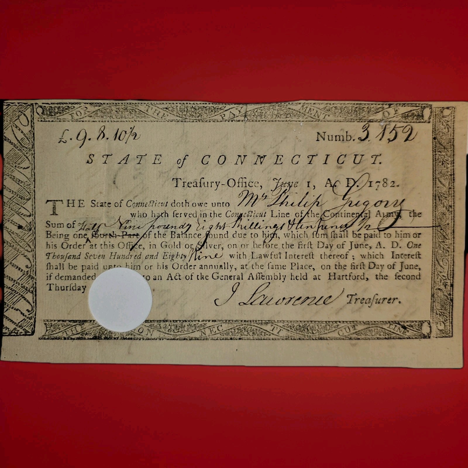 1782 CT Revolutionary War Treasury Note Philip Gregory Connecticut Line Hartford
