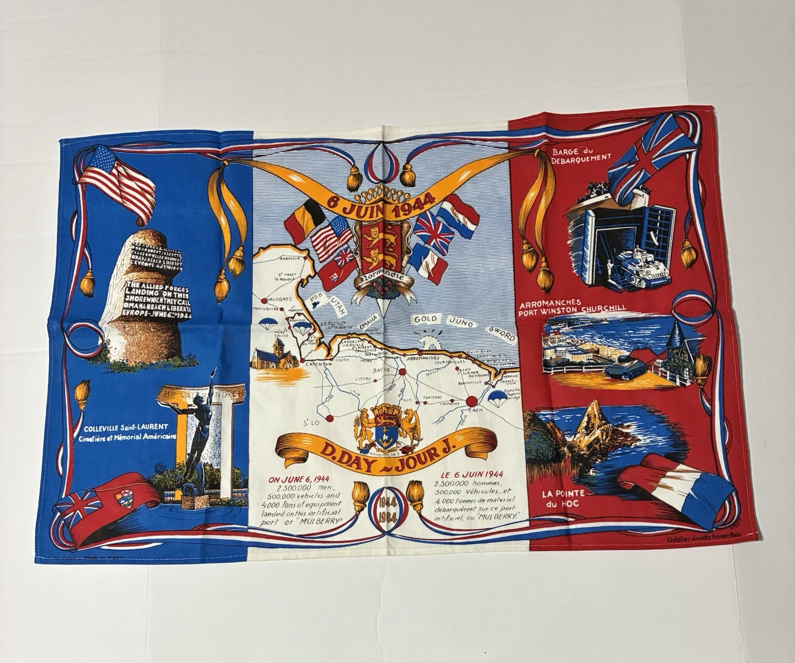 Rare Vintage Cotton Tea Towel D.Day Souvenir, Josette Franco Callo France