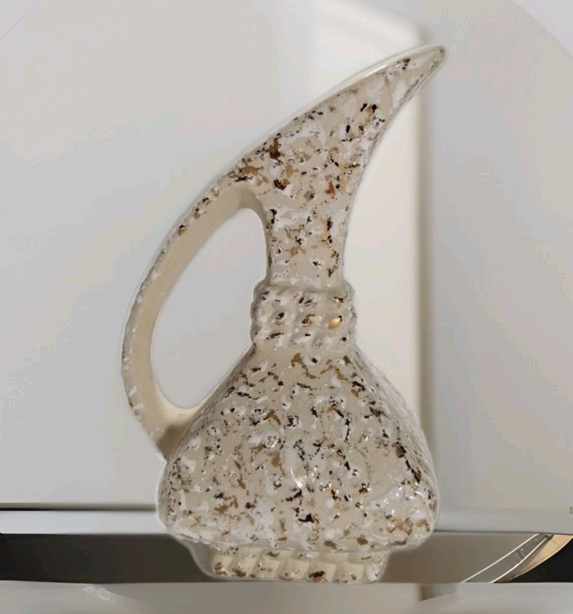 Vtg  Mid Century Modern Brown Pitcher Bud Vase w/ Gold & White Splatter 7.5