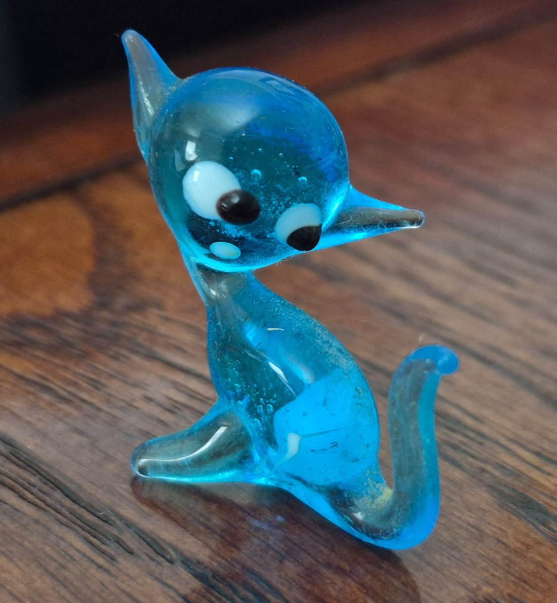 Vintage 1970\'s Hand Blown Miniature Glass Blue Cat 1” Figurine VGUC