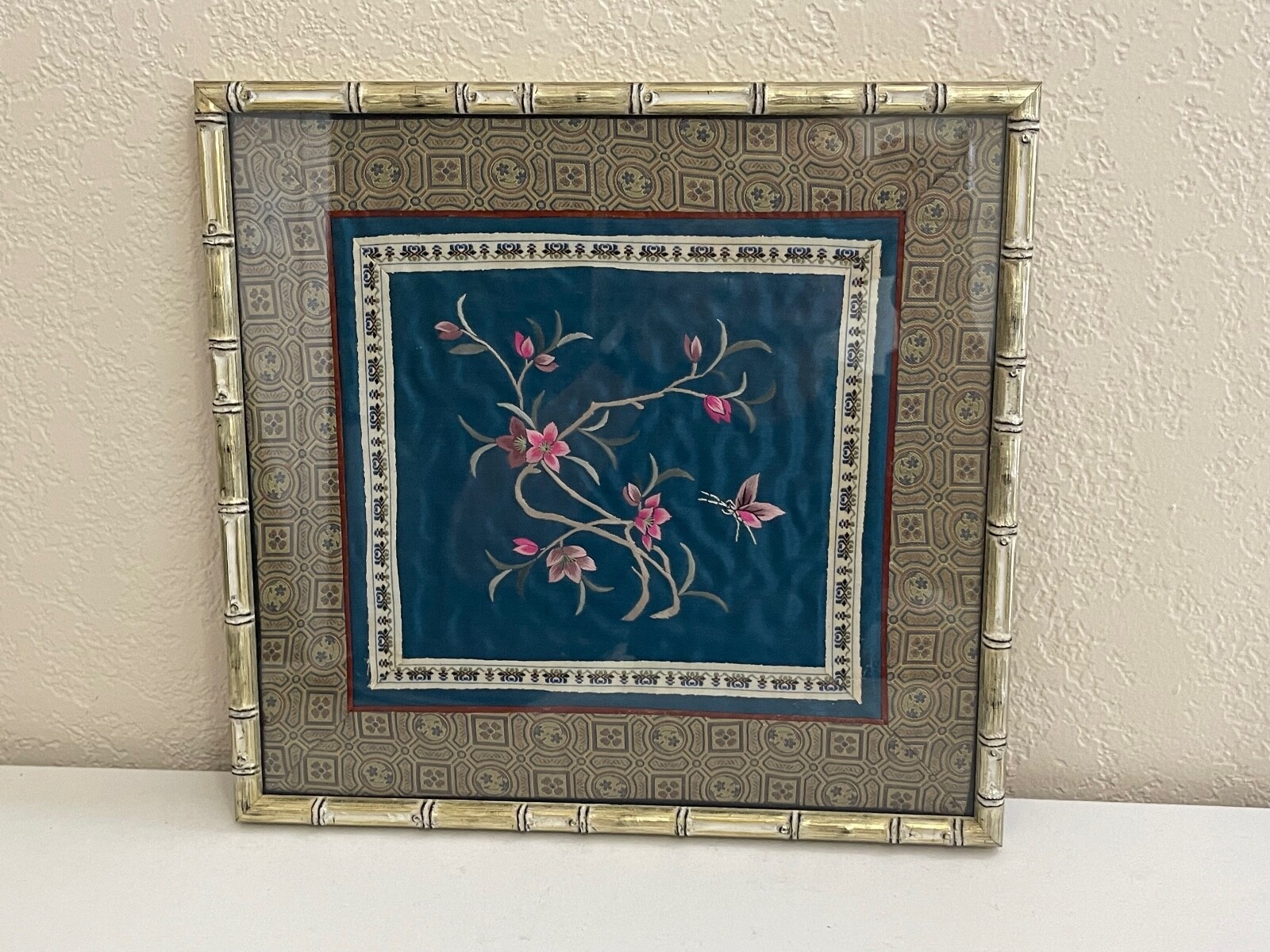 Vintage Chinese Framed Embroidered Silk Textile w/ Pink Flowers & Insect Dec. Vintage Chinese Framed Embroidered Silk Textile w/ Pink Flowers & Insect Dec.