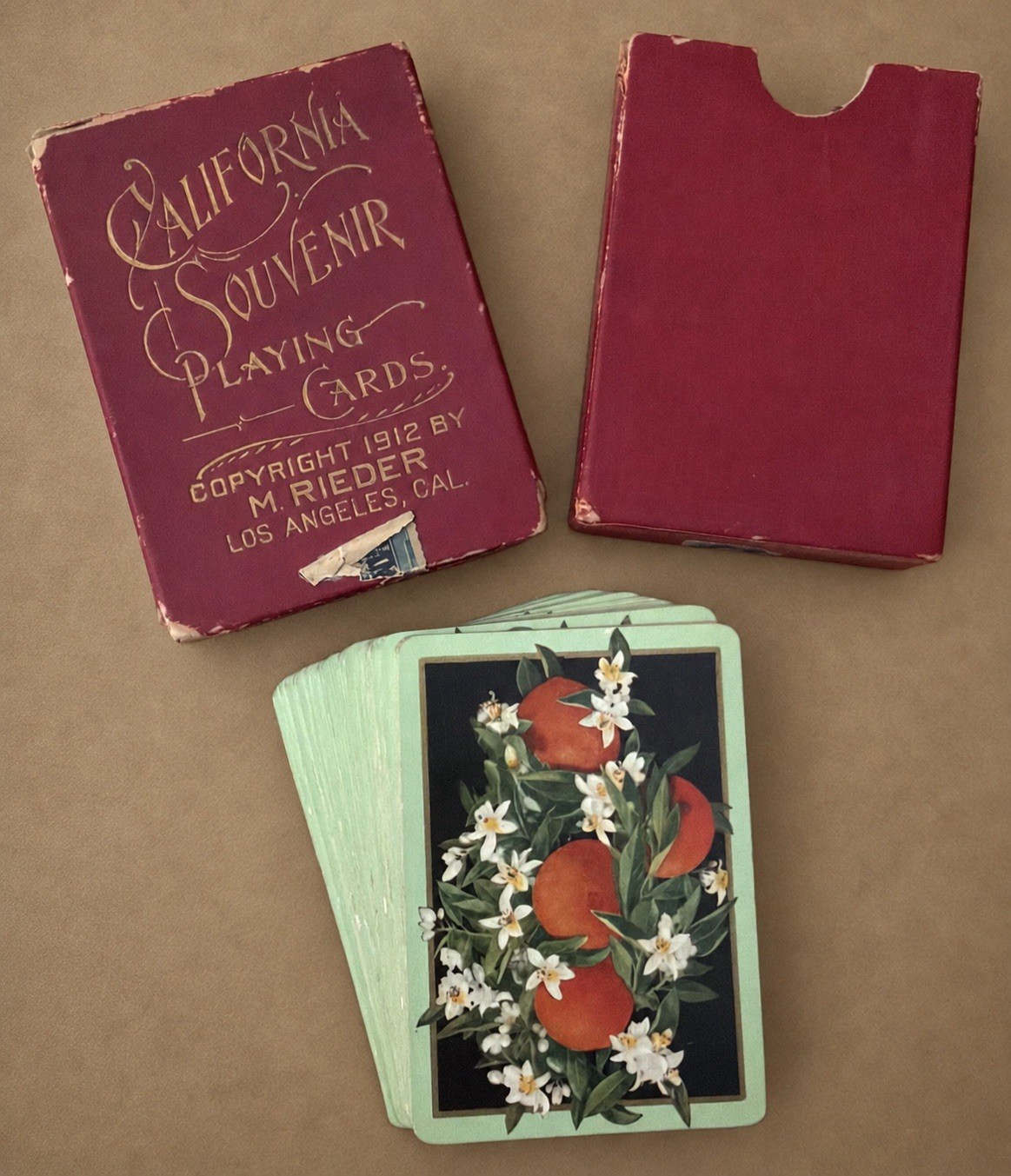 RARE Antique 1912 M Rieder California Souvenir Playing Cards Complete Gilt Box