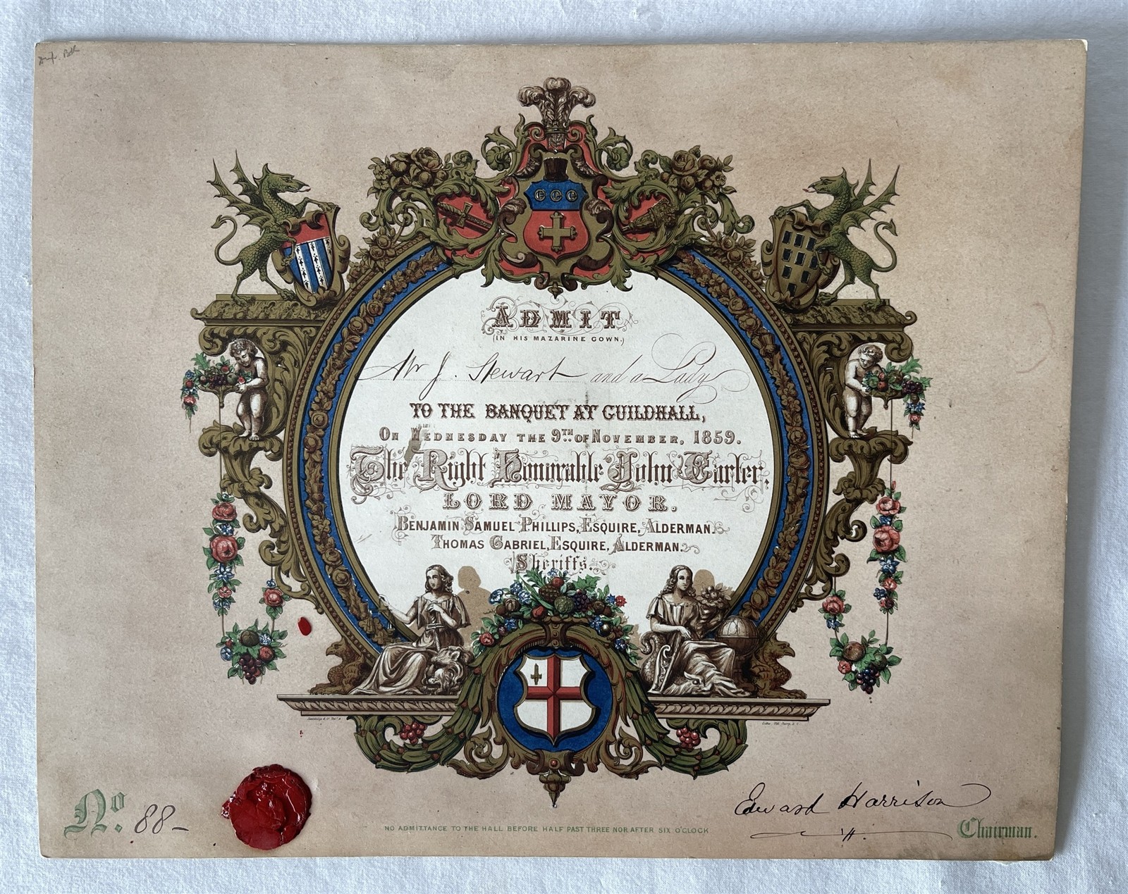 V Rare Antique Signed Victorian Ephemera 1859 GUILDHALL BANQUET with Wax Seal