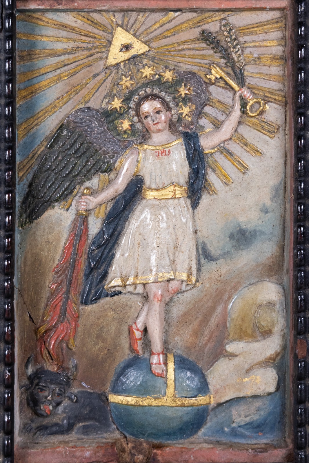 Rare 1834 Antique Colombian Signed St Michael Carved & Painted Alabaster Retablo