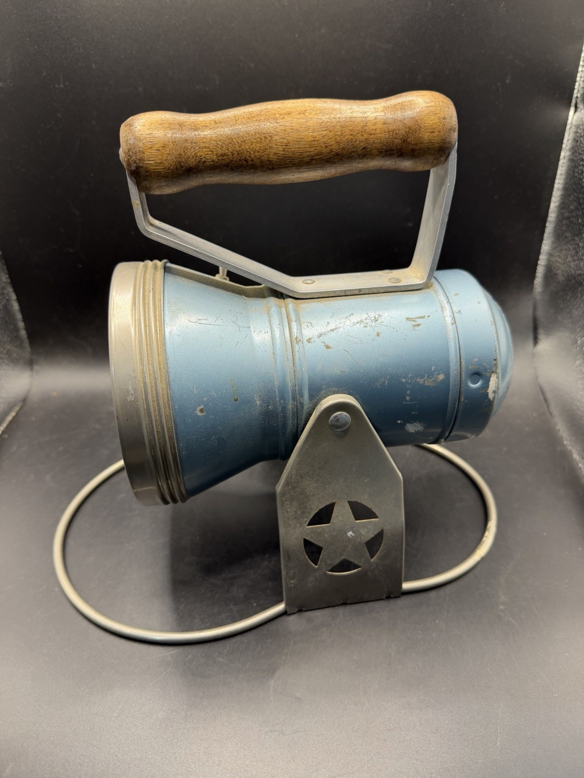 Vintage Blue Metal Electric Flashlight Lantern Lamp Wooden Handle Star Stand 