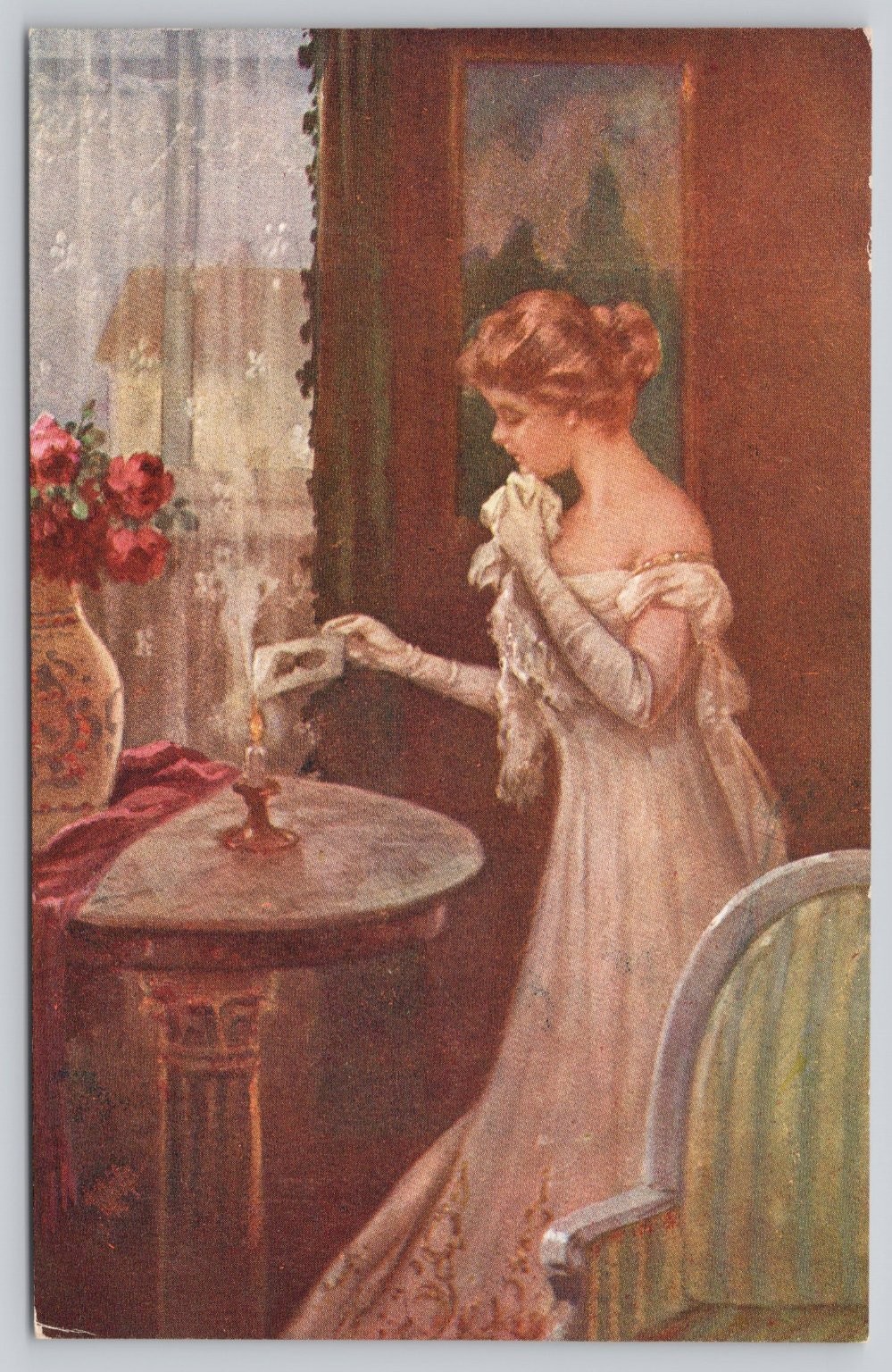 Edwardian Woman Extinguishing Candle Art Postcard R. Kratky \ Edwardian Woman Extinguishing Candle Art Postcard R. Kratky \