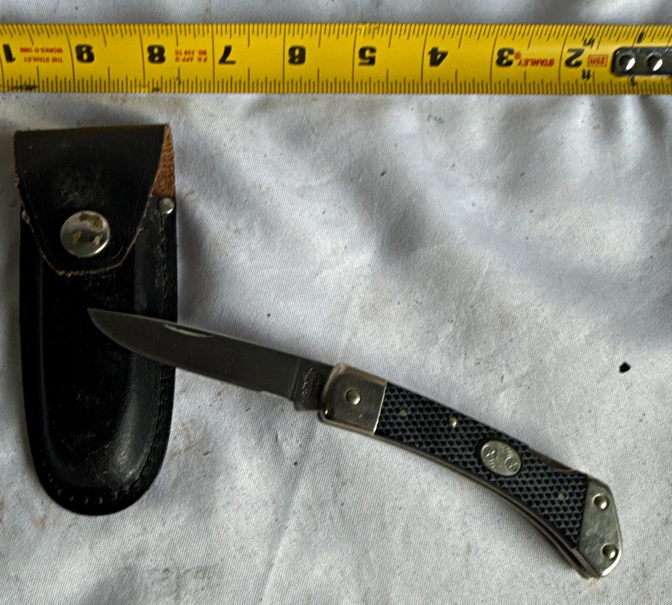 Frontier USA Stainless Folding Lockback Pocket Knife w/ Leather Sheath Vintage