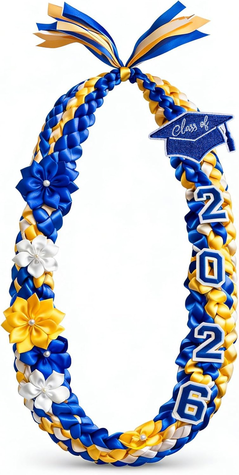 50\'\' Graduation Lei 2026 Double Braided Ribbon Lei with 4 Satin Flowers, 2026 Gr