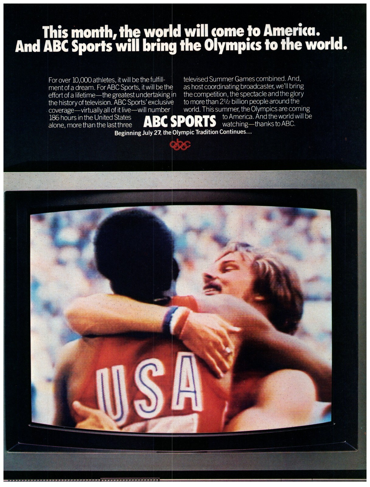 PRINT AD, 1984 ABC Sports 1984 Olympic Summer Games American Athletes Hug TV