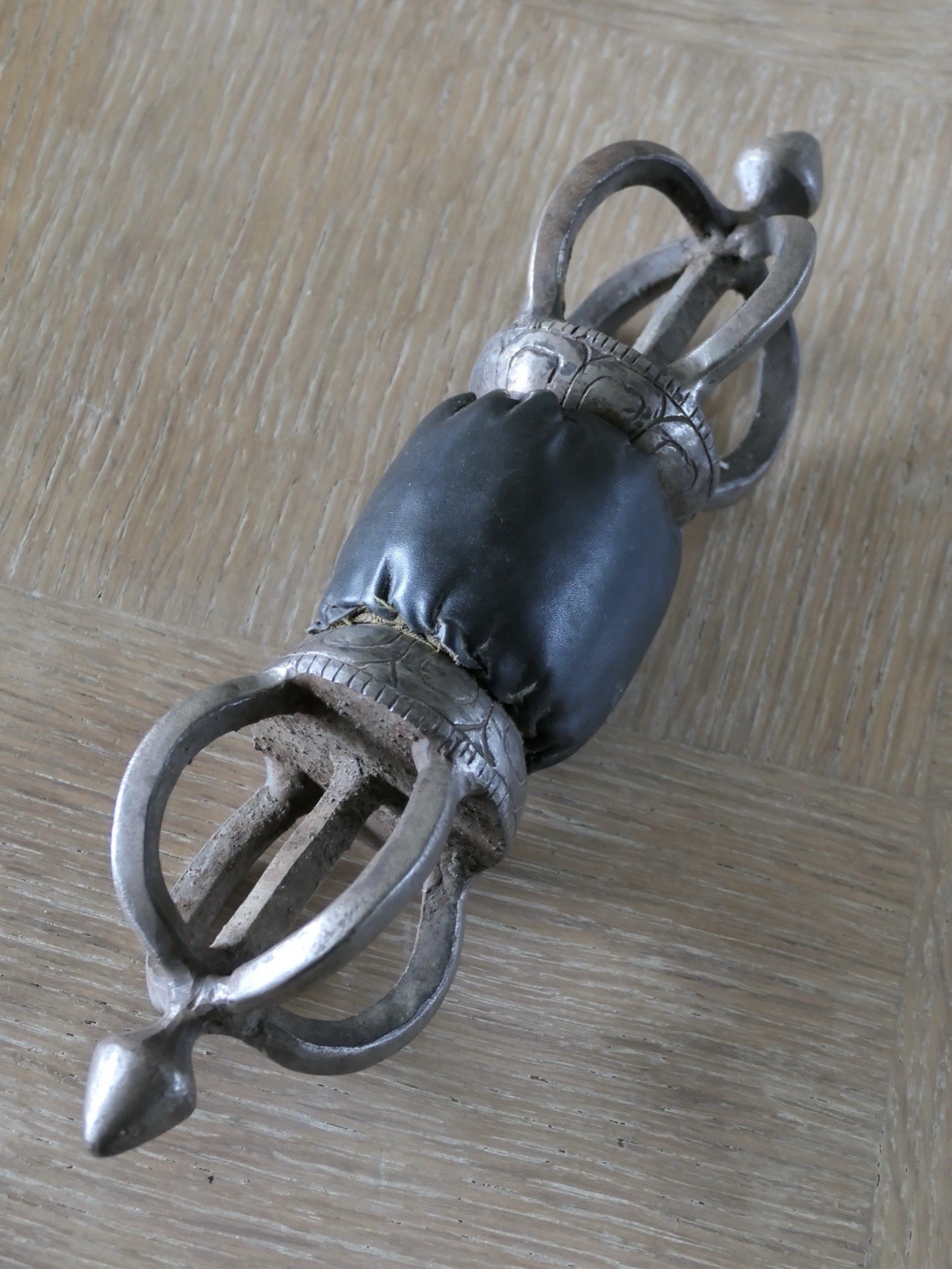 Tibetan Buddhist Double-Ended Metal Vajra (Dorje) with Black Wrapped Handle